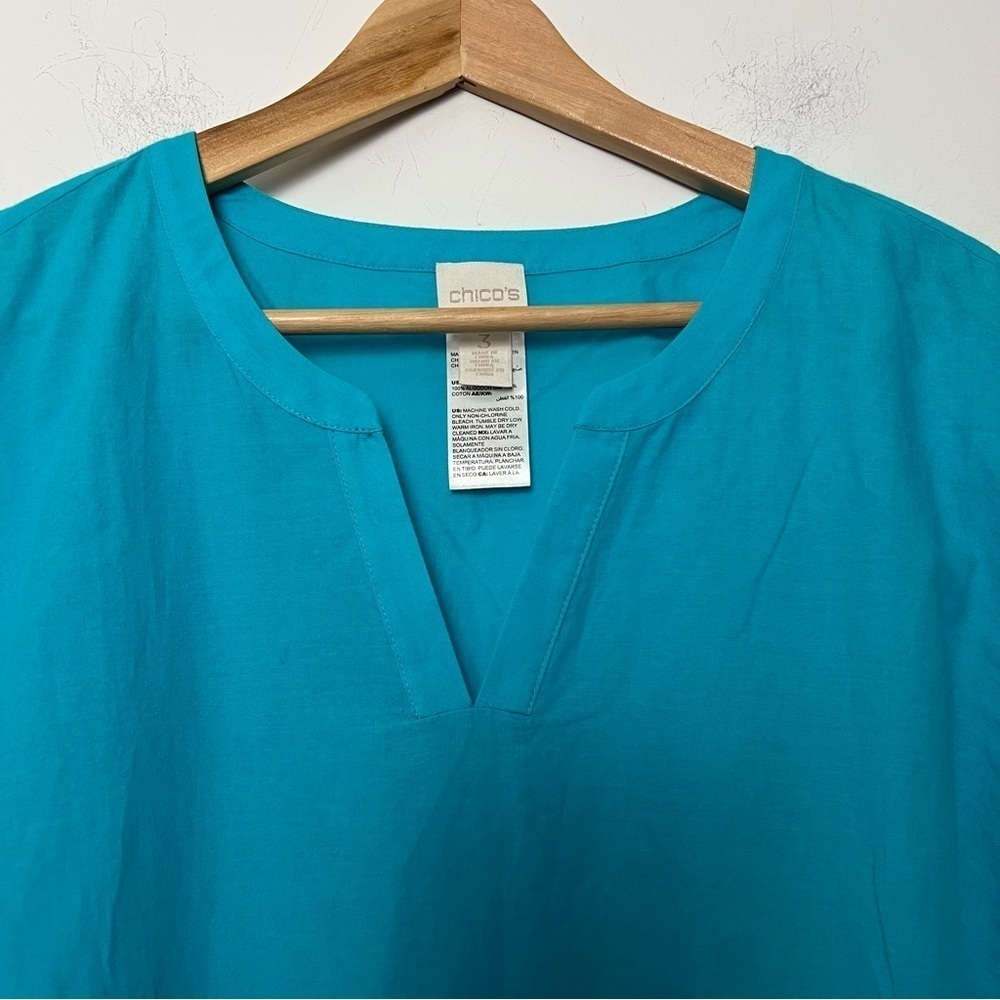 Chico's Turquoise Scalloped Embroidery Lace Cotton Tunic Top Classic Chic NEW - Picture 2 of 14